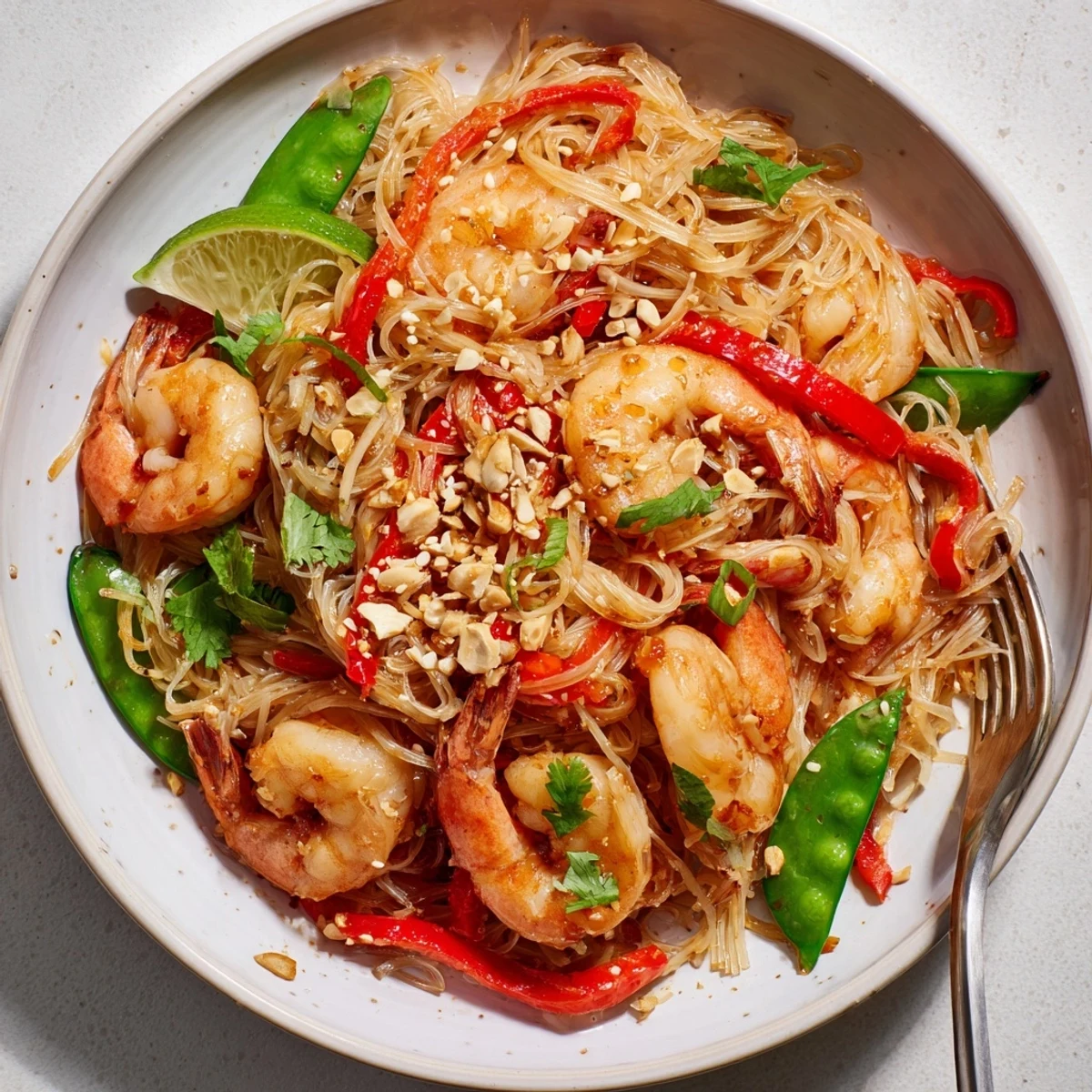 Steaming, tossed with lime wedges and cilantro — Spicy Garlic Shrimp Noodles Recipe