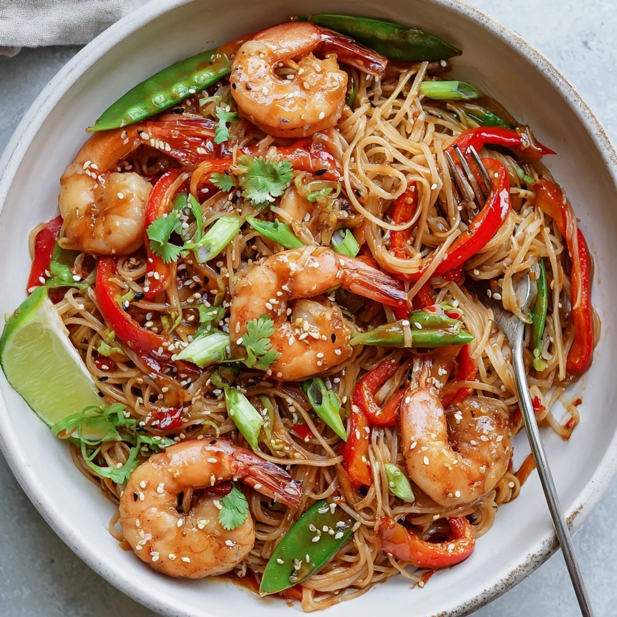 Spicy Garlic Shrimp Noodles Recipe, silky strands, crisp bell pepper, fiery chili aroma