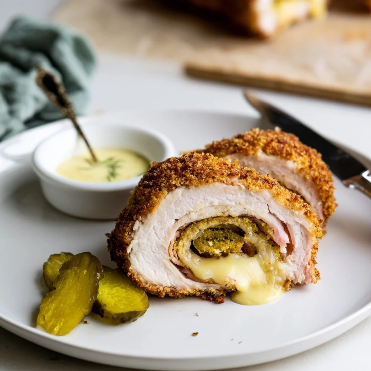 Sliced Crispy Pickle Brined Chicken Rolls revealing tangy brine aroma and gooey cheese