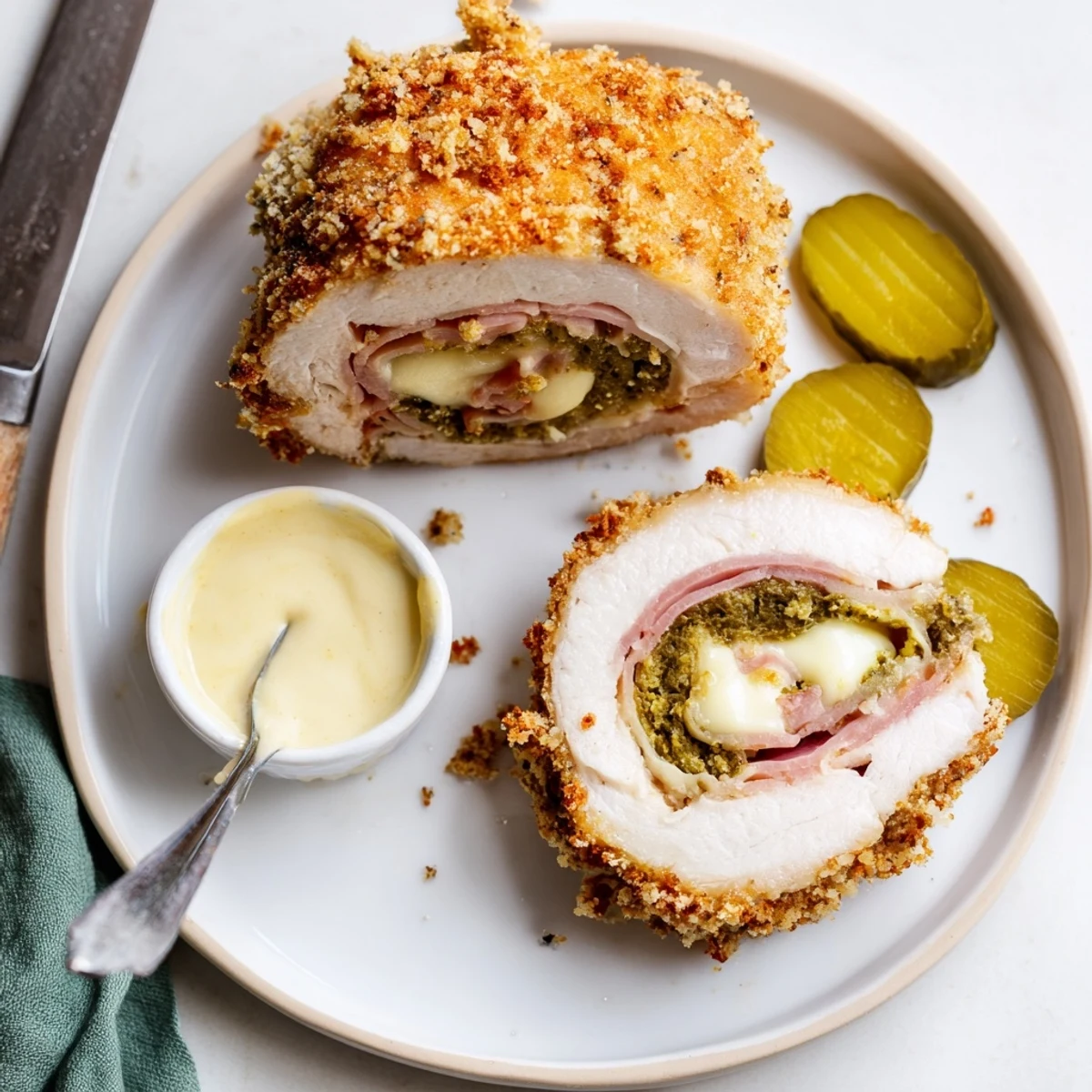 Plated Crispy Pickle Brined Chicken Rolls with creamy mustard sauce and crisp pickles