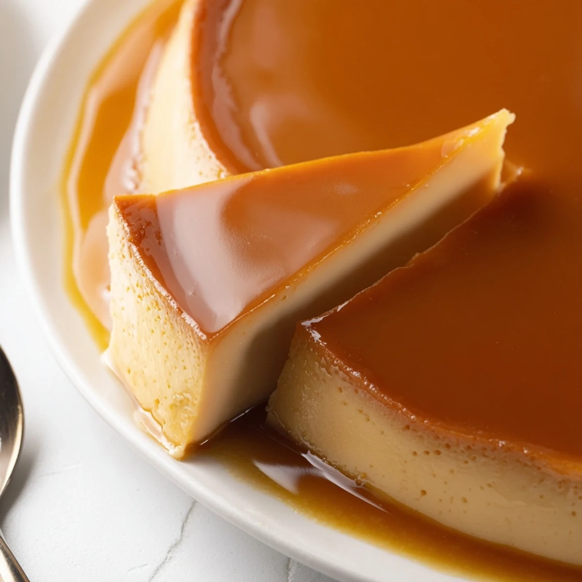 Flan Napolitano with glossy caramel top and silky cream cheese custard slice.