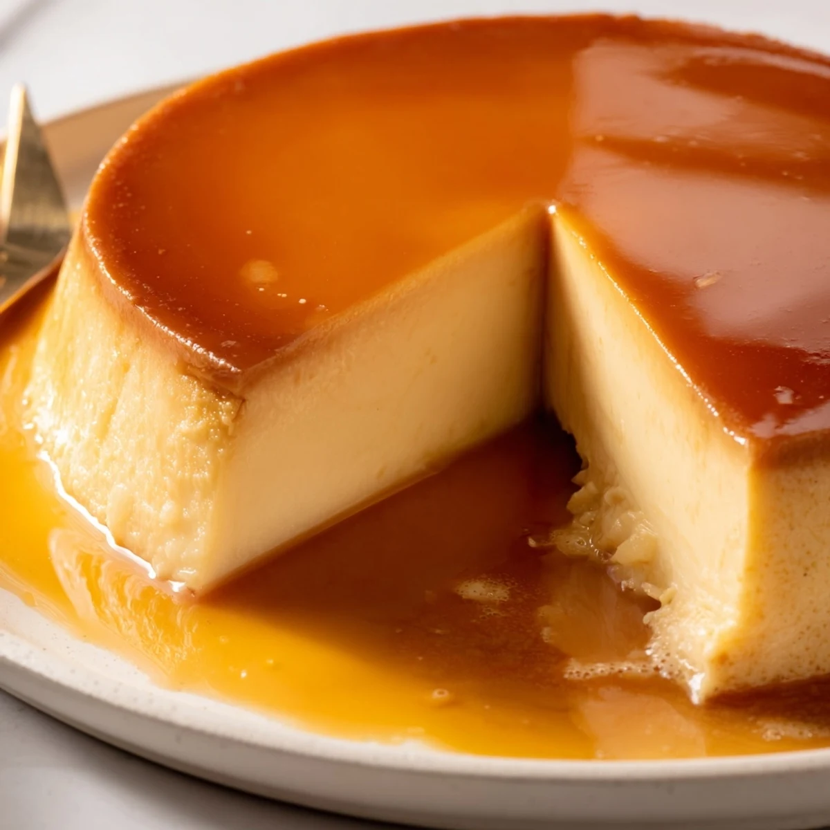 Spoon-ready Flan Napolitano slice reveals creamy center and amber caramel.