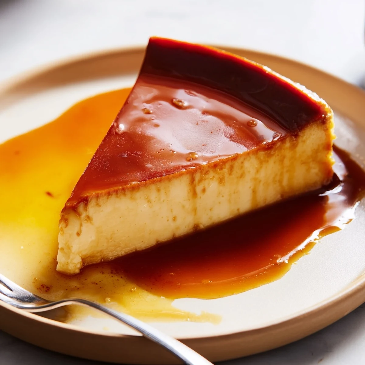 Chilled Flan Napolitano inverted on plate, caramel pool glistening with berries.