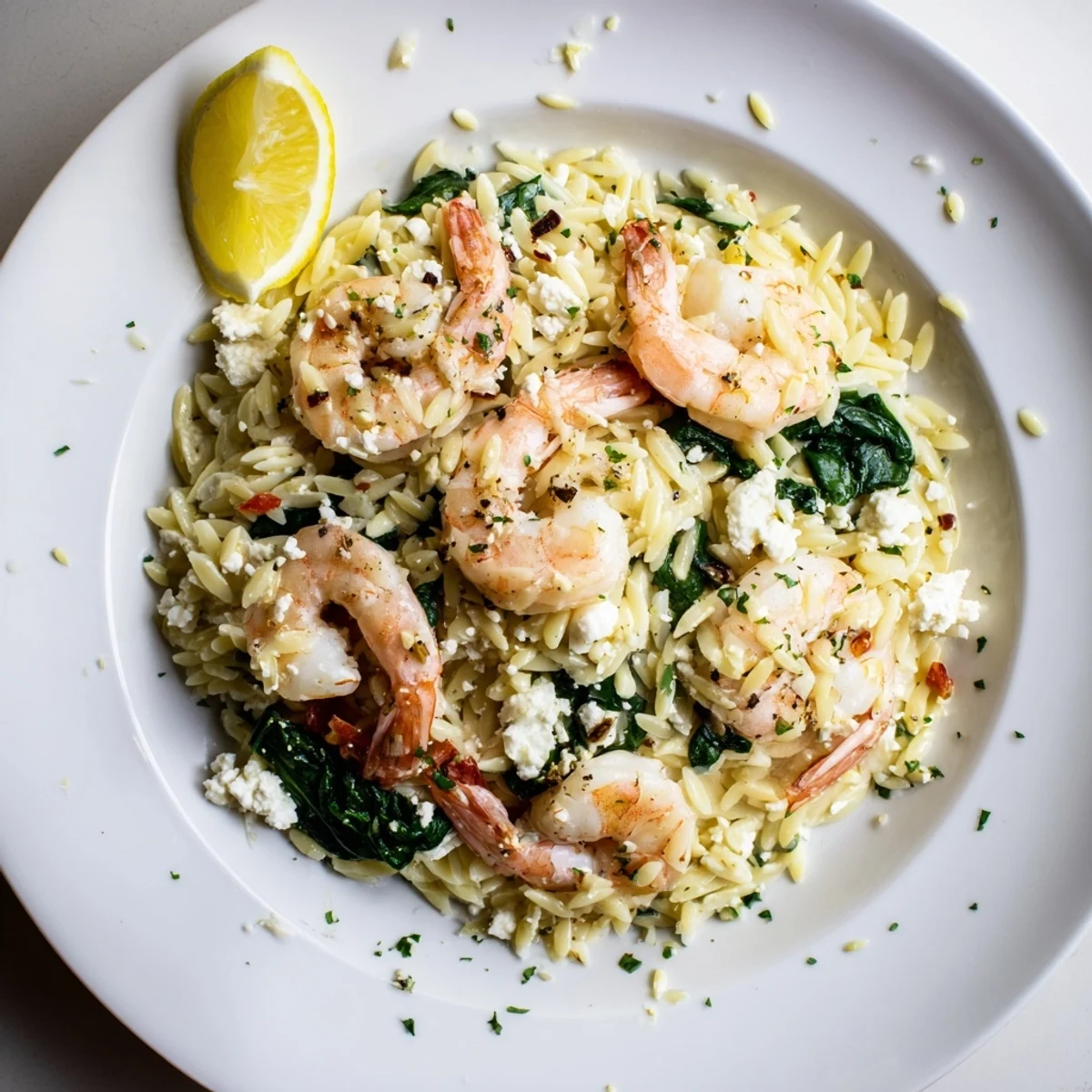 Lemon Feta Orzo Shrimp Recipe plated with bright cherry tomatoes and crumbled feta
