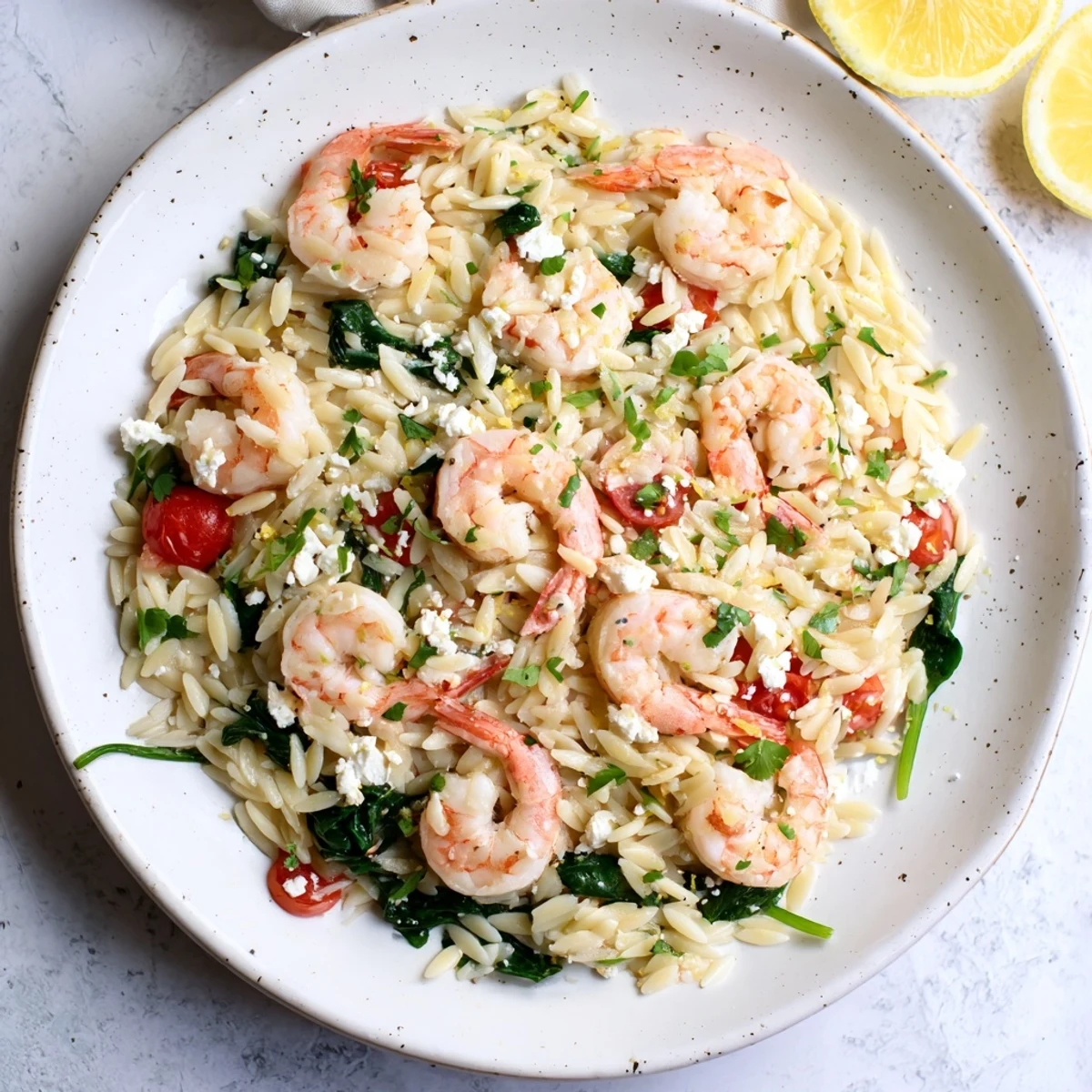 Sizzling skillet of Lemon Feta Orzo Shrimp Recipe tossed with lemony parsley