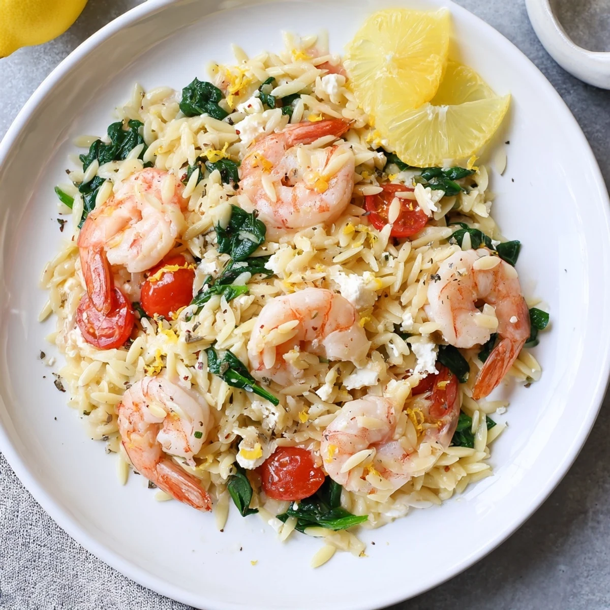 Family-style Lemon Feta Orzo Shrimp Recipe served warm with creamy feta and herbs