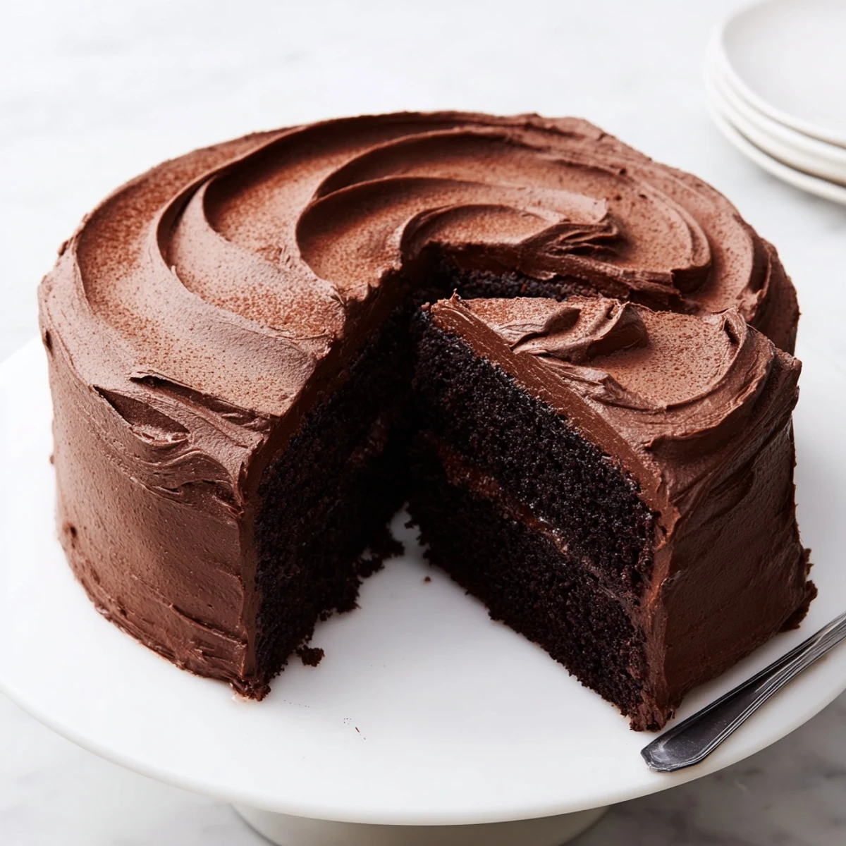 Chocolate Cake Recipe: moist layered cake with glossy frosting, served with coffee