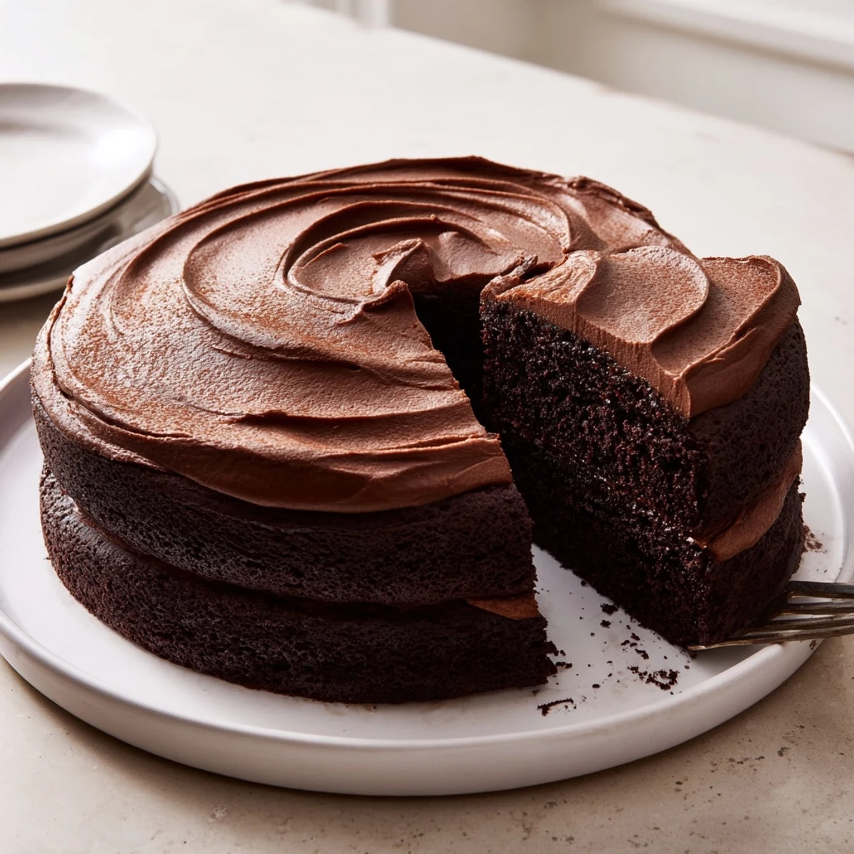 Homemade Chocolate Cake Recipe with deep cocoa crumb and silky chocolate frosting