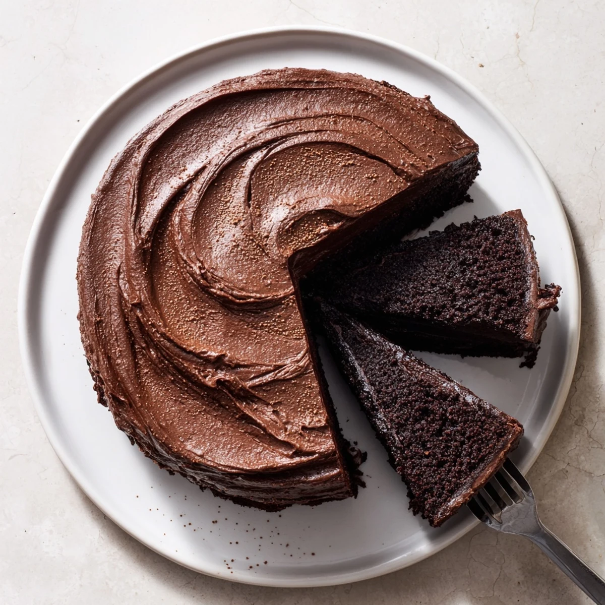 Chocolate Cake Recipe displayed sliced on plate, decadent moist interior, perfect with coffee