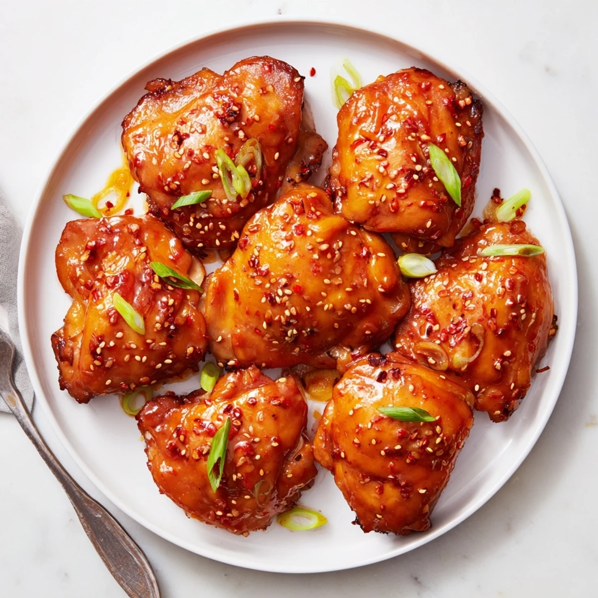 A skillet of Sticky Sweet Savory Apricot Chicken bubbling, sesame-speckled and garnished
