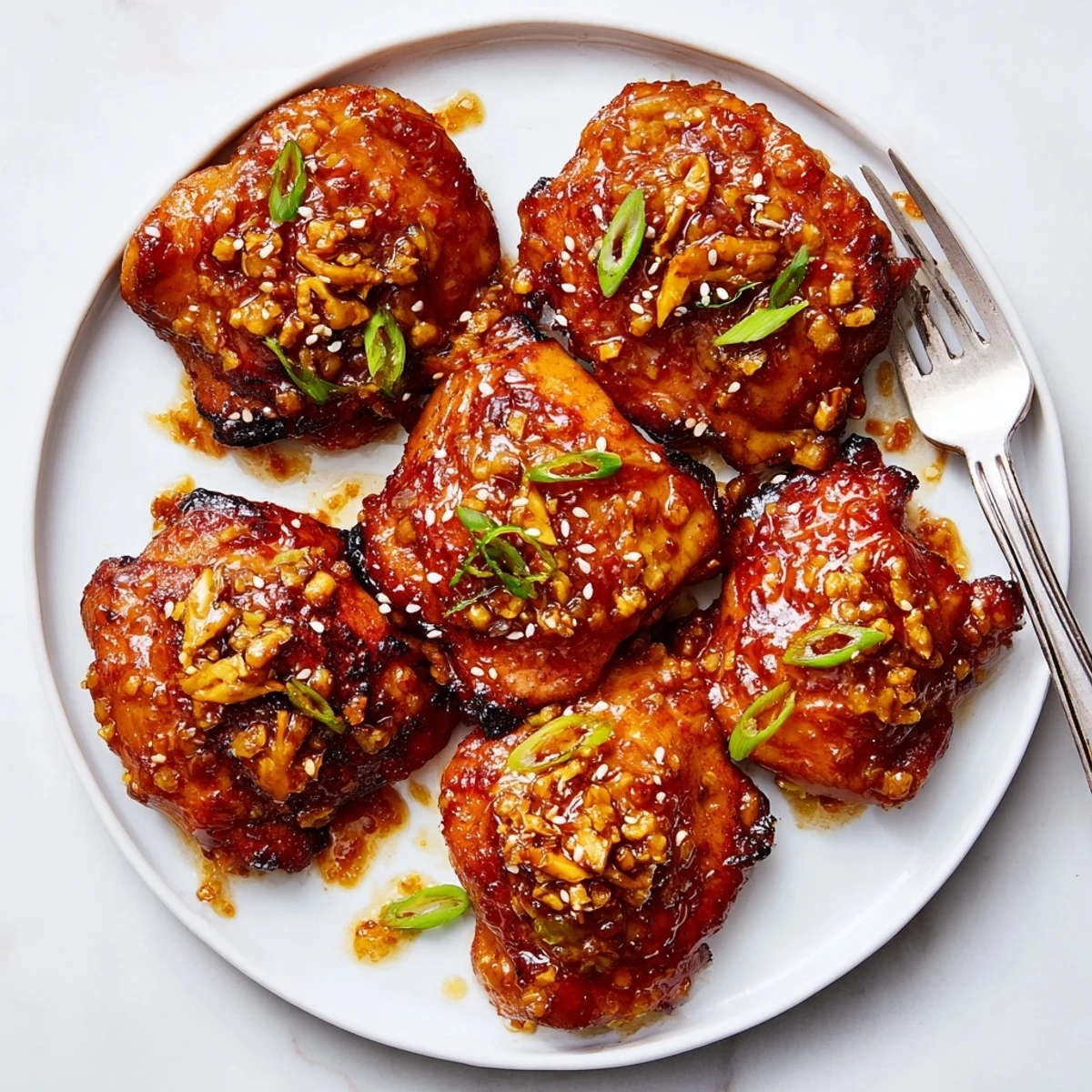 Oven-roasted Sticky Sweet Savory Apricot Chicken with scallions, sticky tangy-sweet glaze