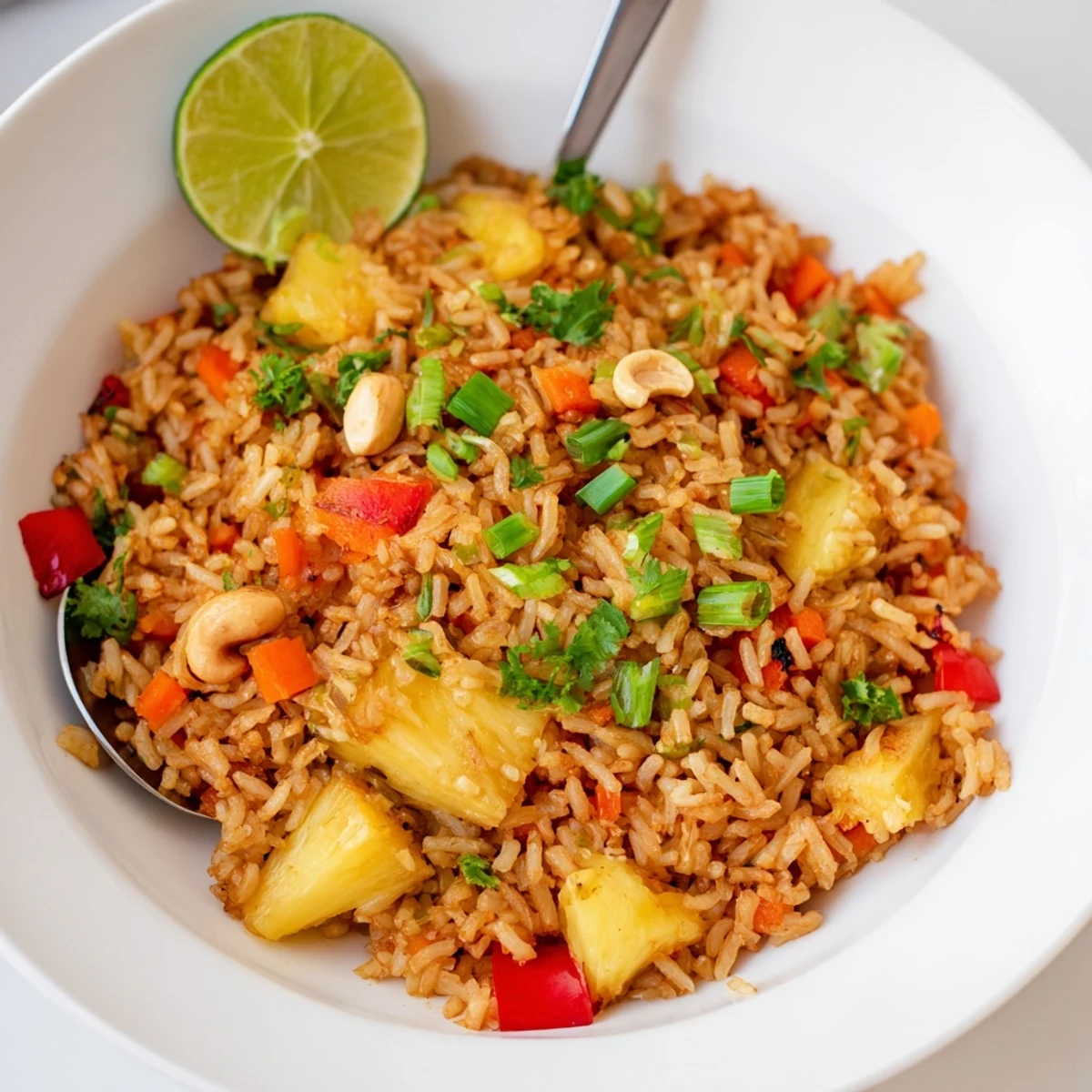 Pineapple Rice sizzling in wok with golden chunks and bright cilantro