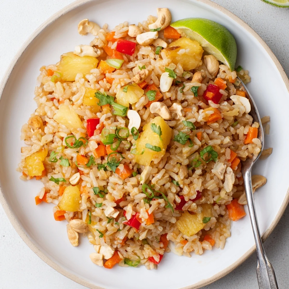 Warm Pineapple Rice served in hollowed-out pineapple with lime wedges