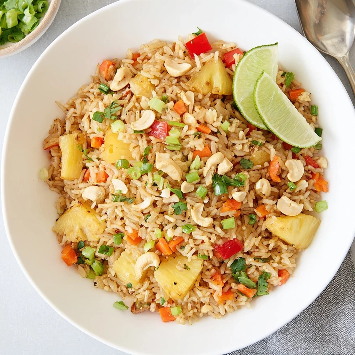 Pineapple Rice with caramelized fruit, tender jasmine grains, crisp red bell pepper