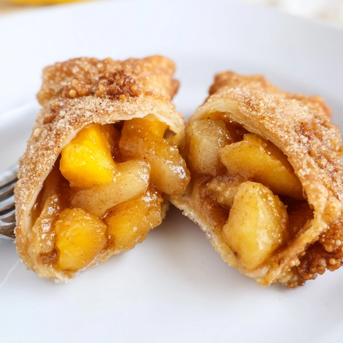 Crispy Peach Cobbler Egg Rolls beside vanilla ice cream, golden brown edges  