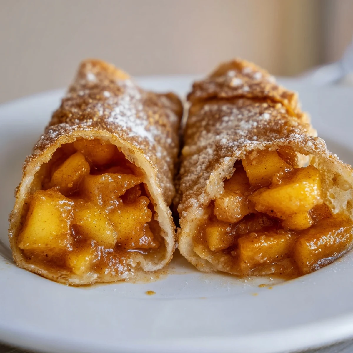Warm Peach Cobbler Egg Rolls rolled in cinnamon sugar, steam rising softly  