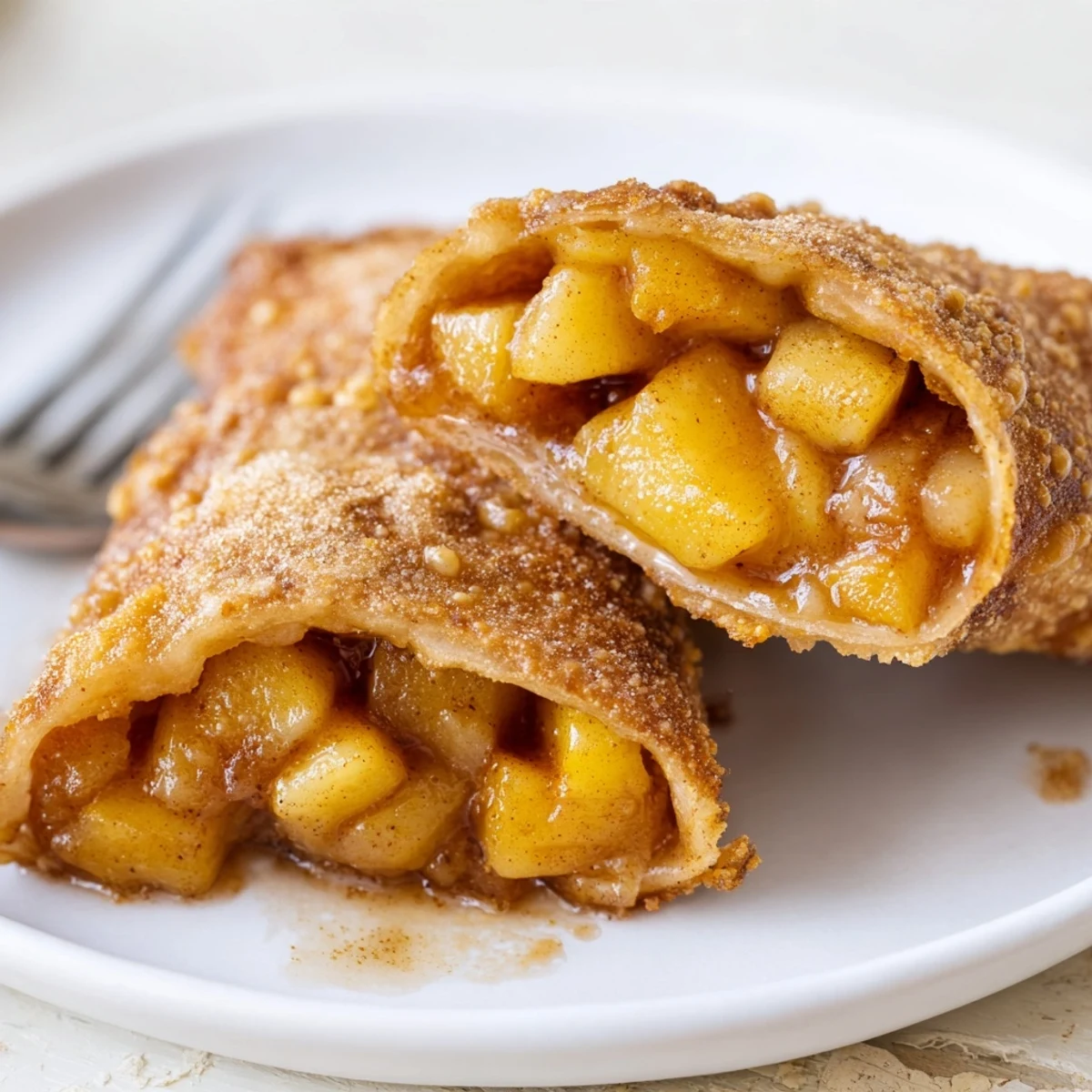 Handheld Peach Cobbler Egg Rolls with gooey peach filling and cinnamon dusting