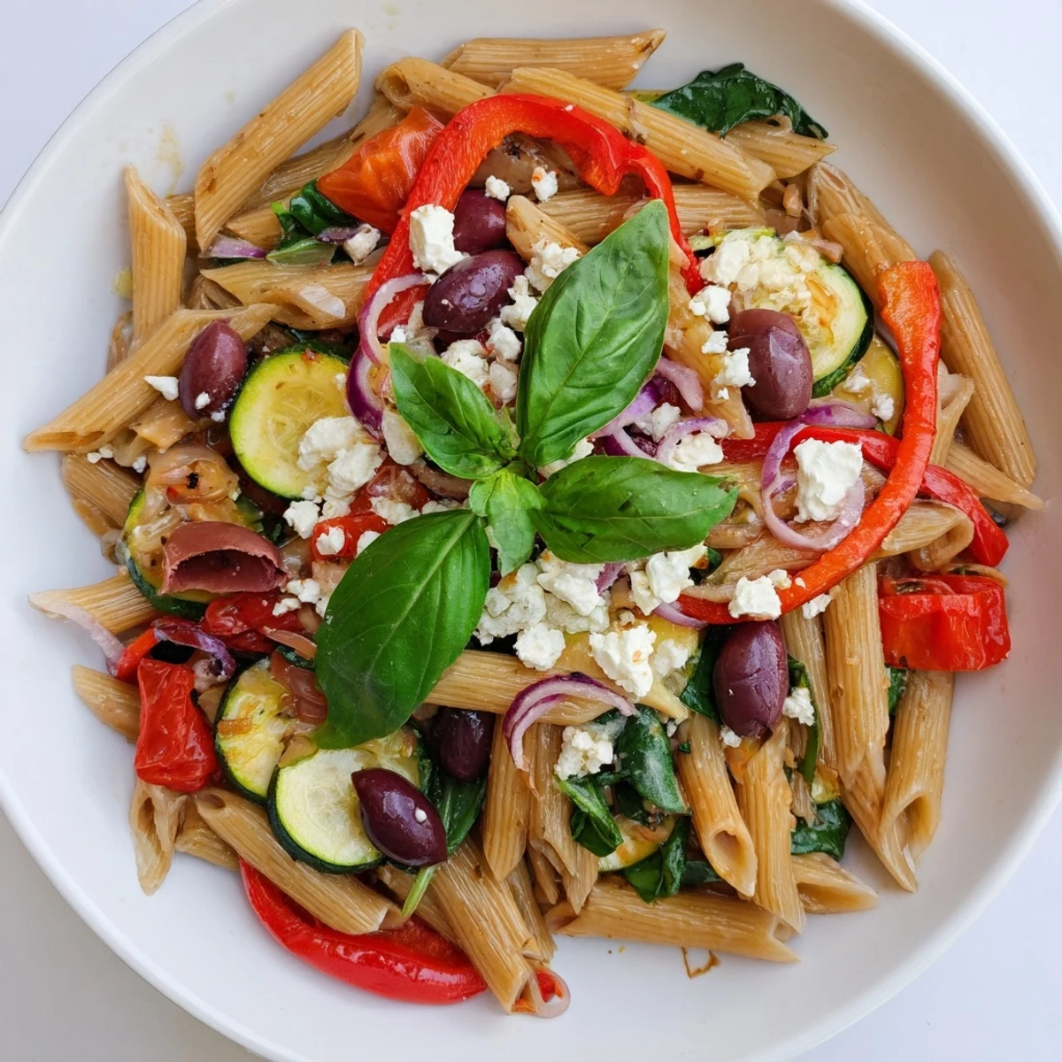 Steaming Mediterranean one pot pasta featuring cherry tomatoes, spinach, and penne tossed with crumbled feta and fresh basil garnish