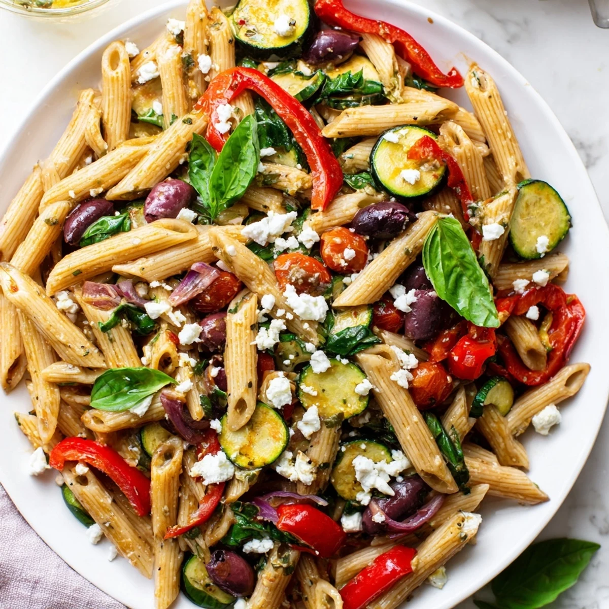 Colorful Mediterranean one pot pasta with zucchini, bell peppers, olives, and melted feta cheese in a rustic serving bowl