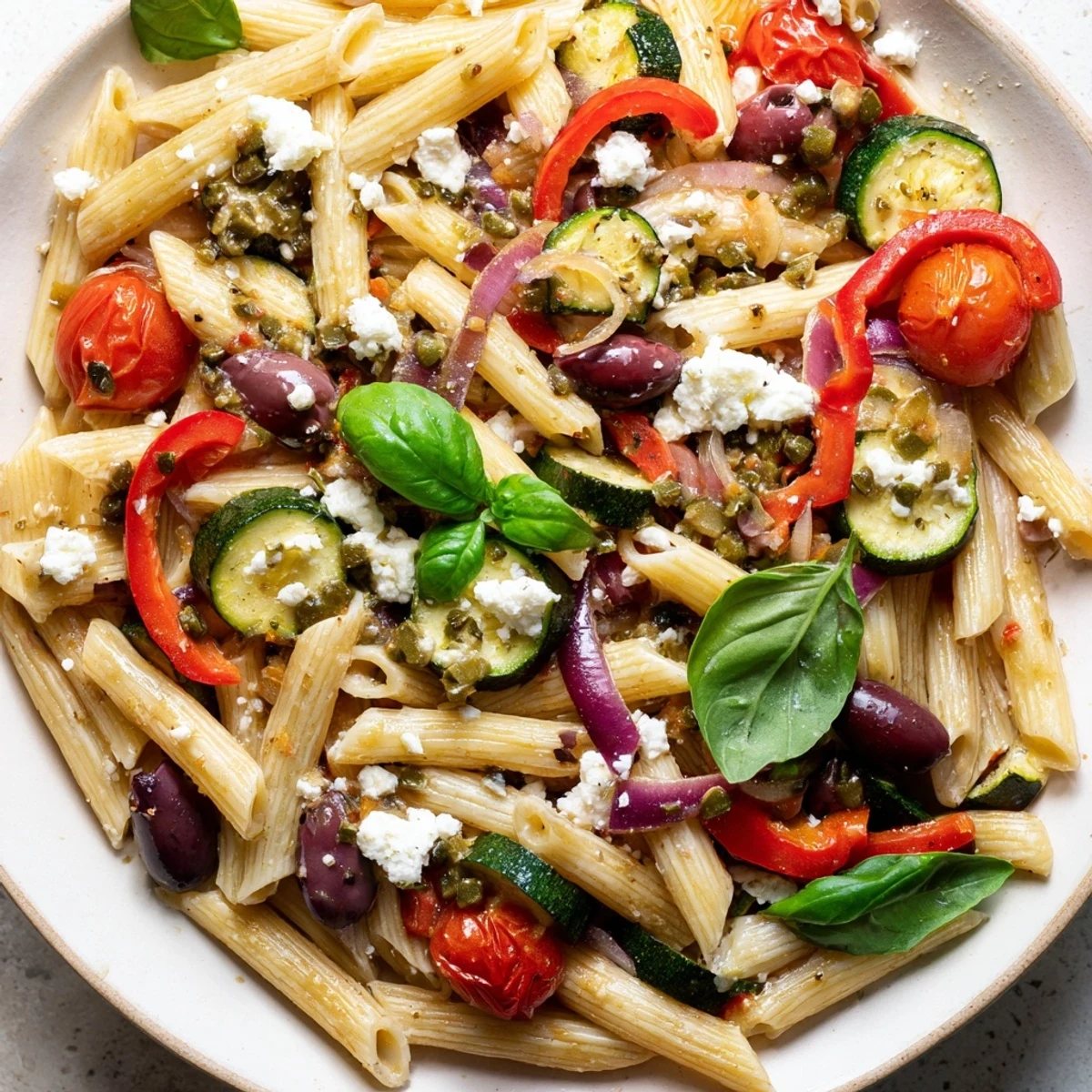 Vibrant one pot pasta dish loaded with Mediterranean vegetables, Kalamata olives, and capers served hot with cheese topping