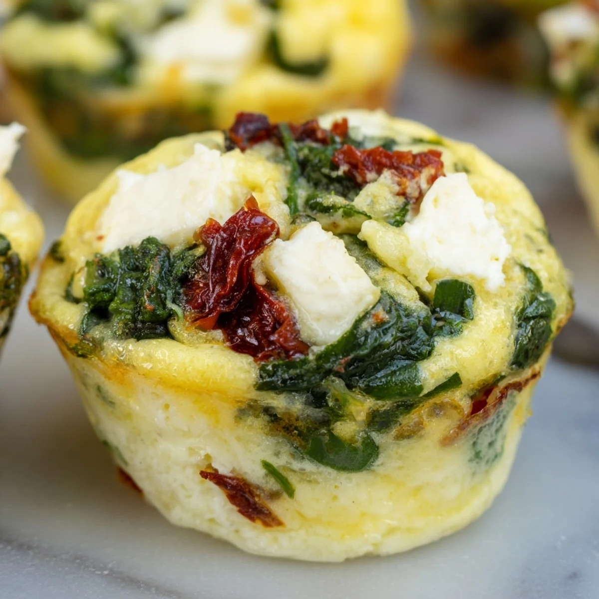 Golden spinach feta and sun dried tomato egg muffin cups freshly baked in a tin
