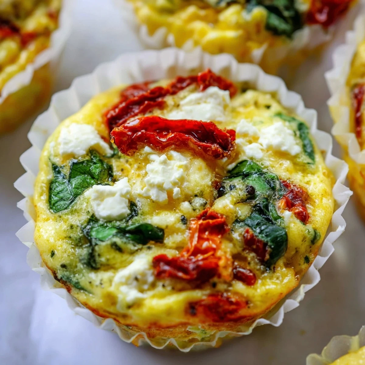 Savory Mediterranean breakfast muffins packed with spinach, crumbled feta, and sun dried tomatoes