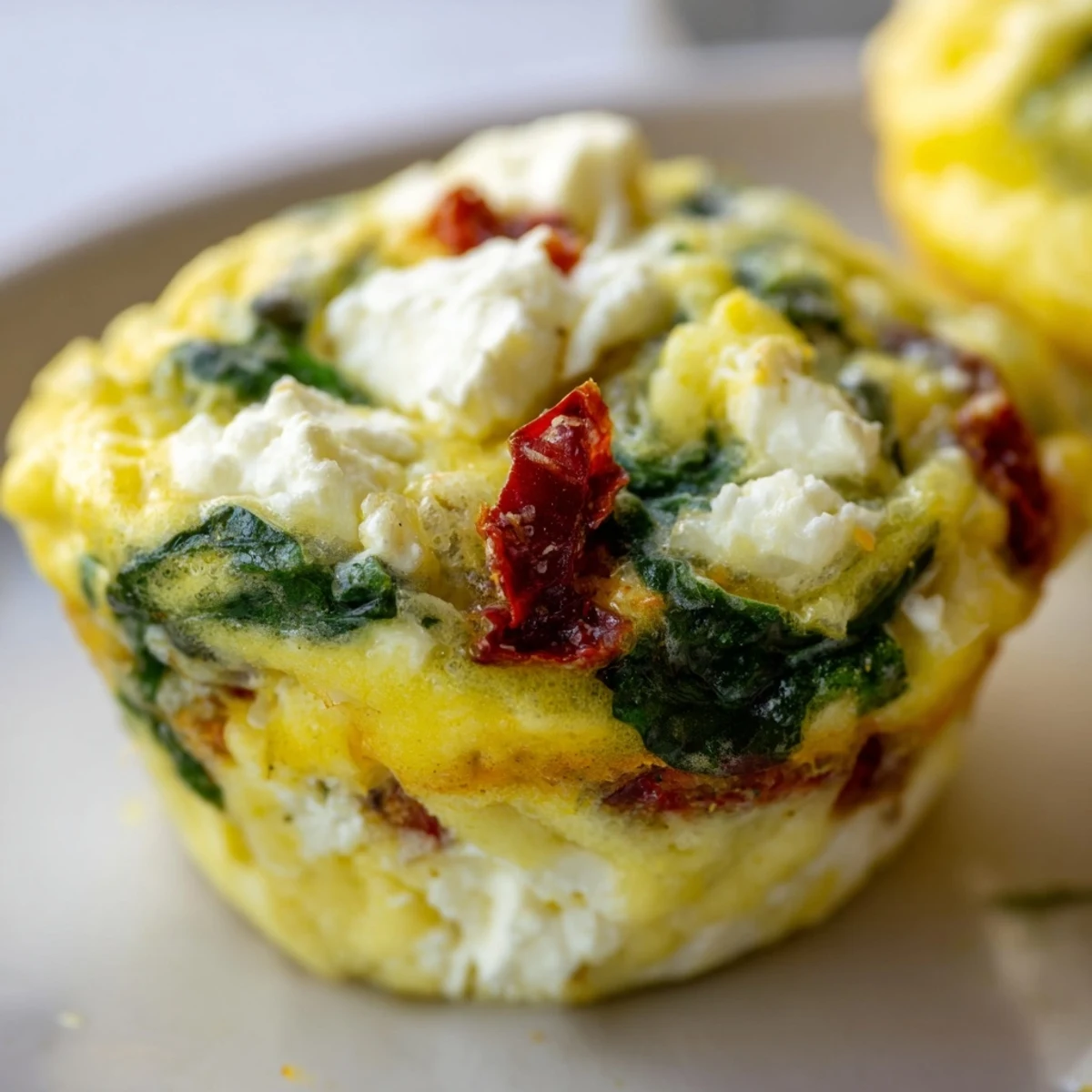 Fluffy egg muffin cups with spinach, feta cheese, and sun dried tomatoes ready for serving
