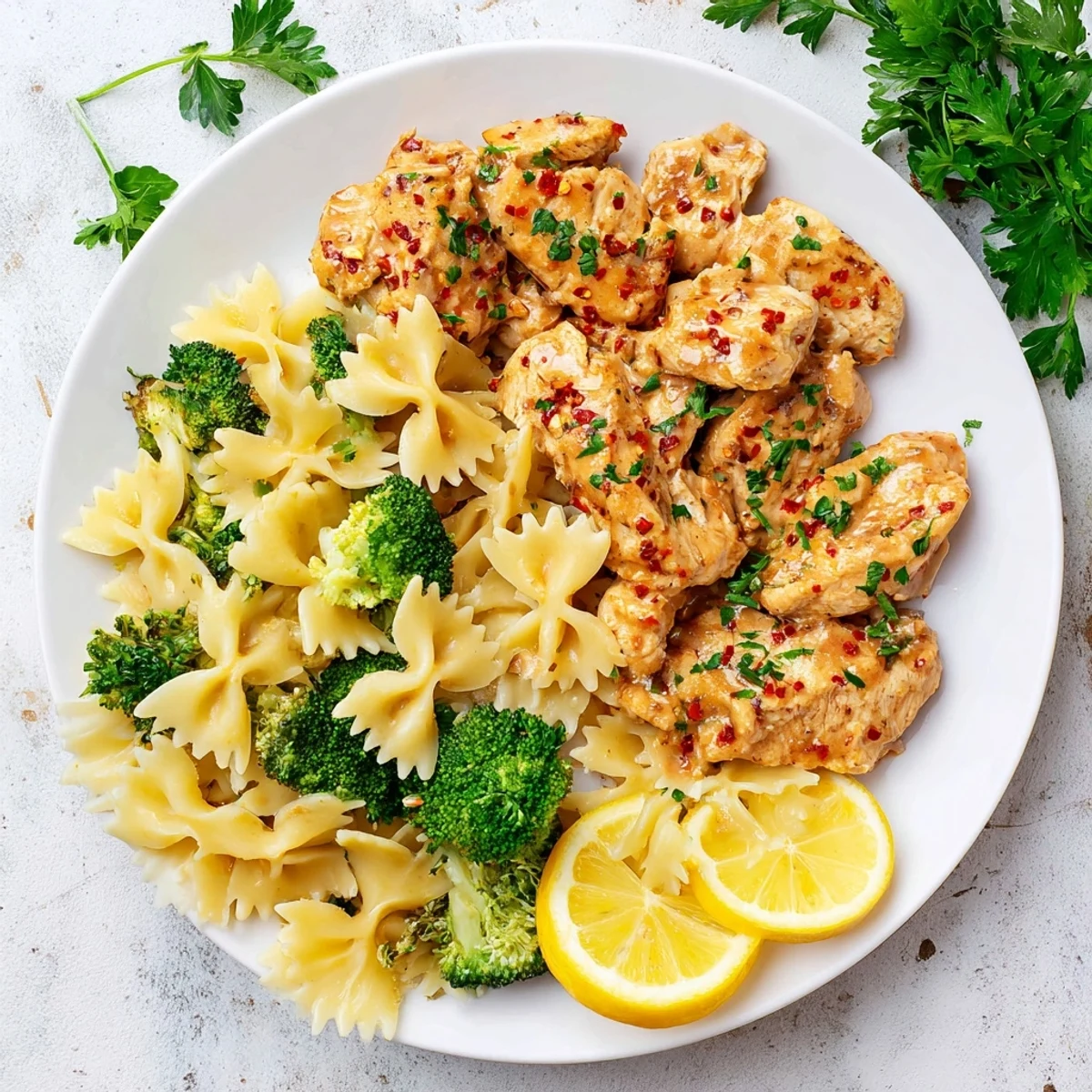 Juicy spiced chicken drizzled with creamy garlic butter sauce served alongside bright lemon-infused pasta and tender crisp broccoli
