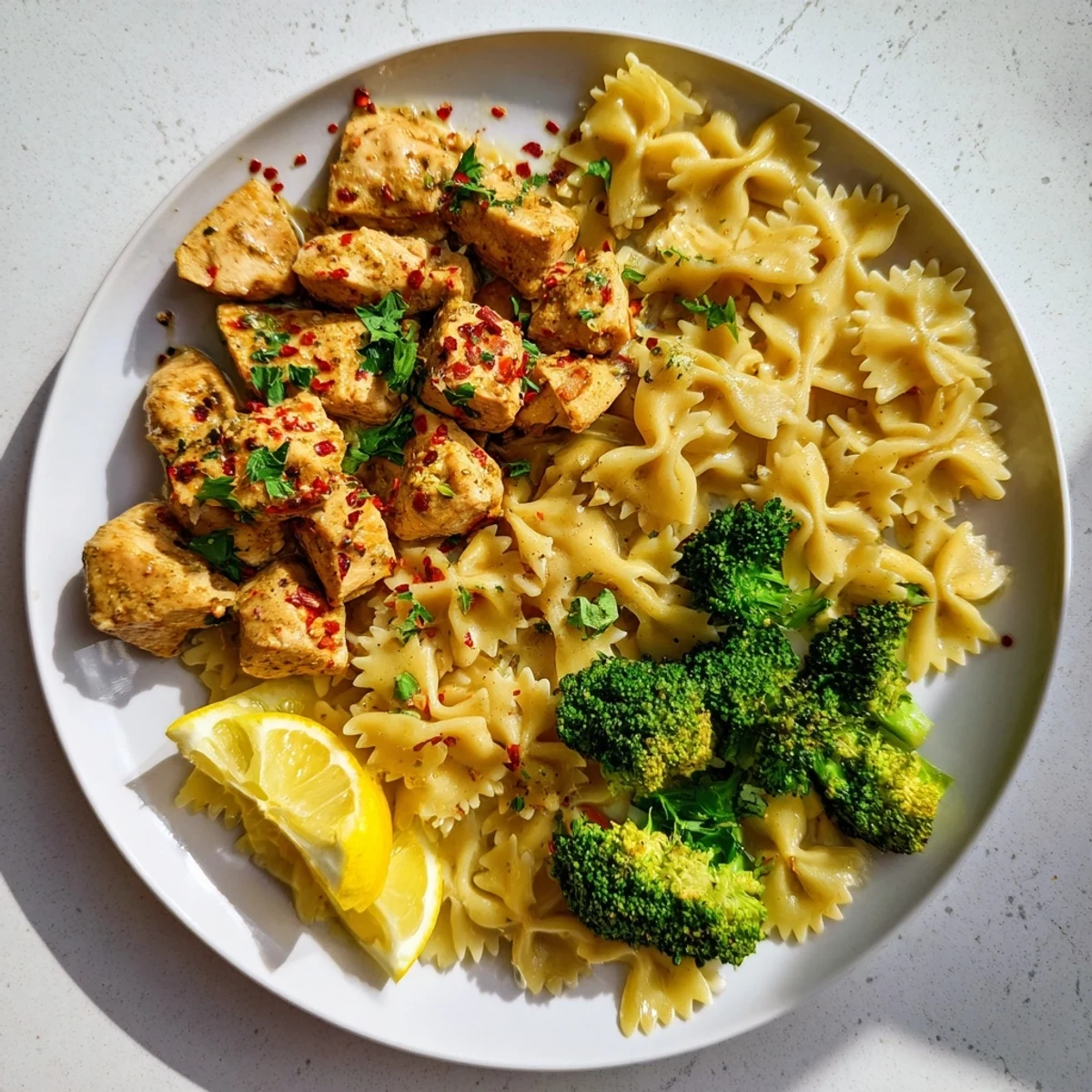 Golden sliced chicken breasts coated in zesty cowboy butter atop lemony bowtie pasta with crisp green broccoli florets