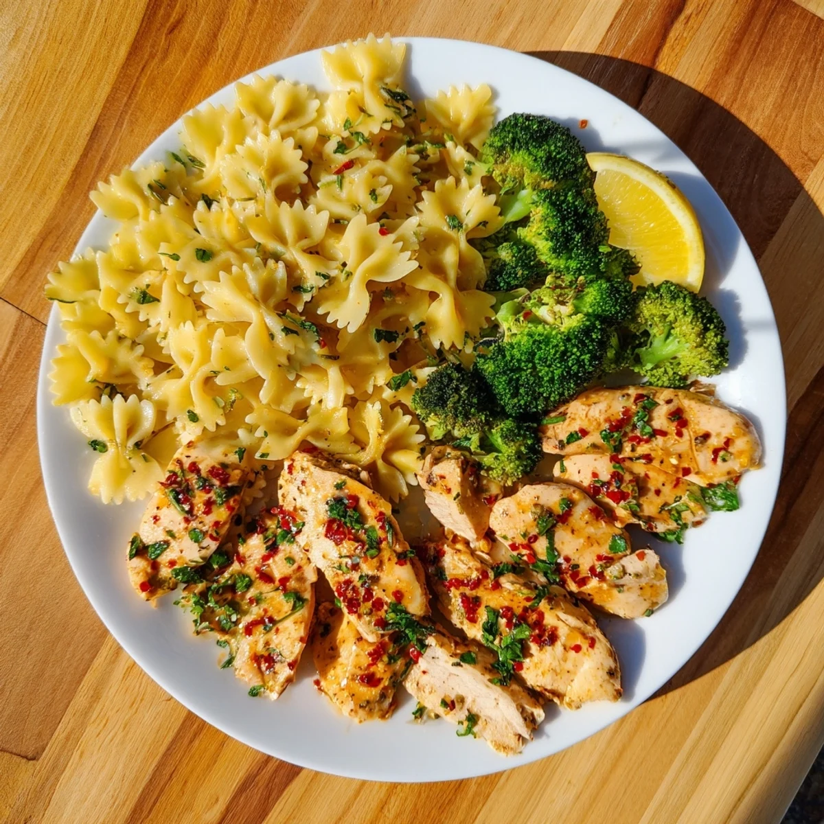 Colorful bowl featuring cowboy butter chicken slices garnished with fresh parsley over farfalle pasta mixed with vibrant broccoli pieces