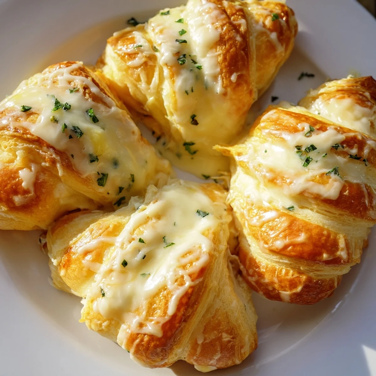 Golden baked chicken pillows wrapped in flaky crescent dough with creamy parmesan sauce drizzled over top