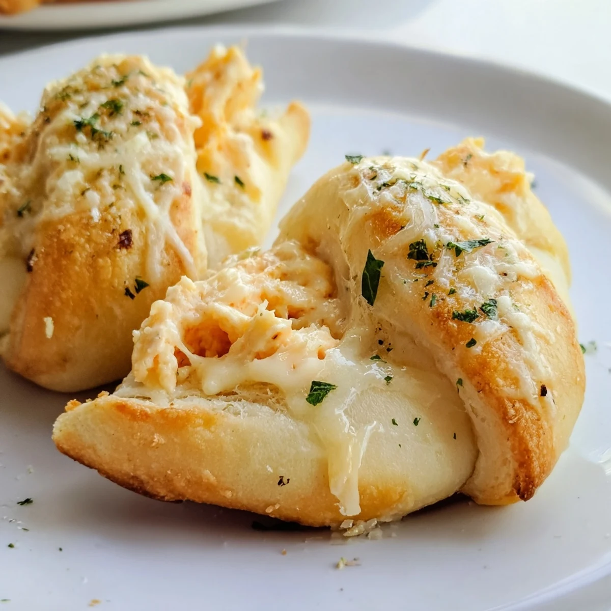 Flaky golden crescent rolls stuffed with seasoned chicken mixture topped with homemade creamy parmesan sauce and parsley