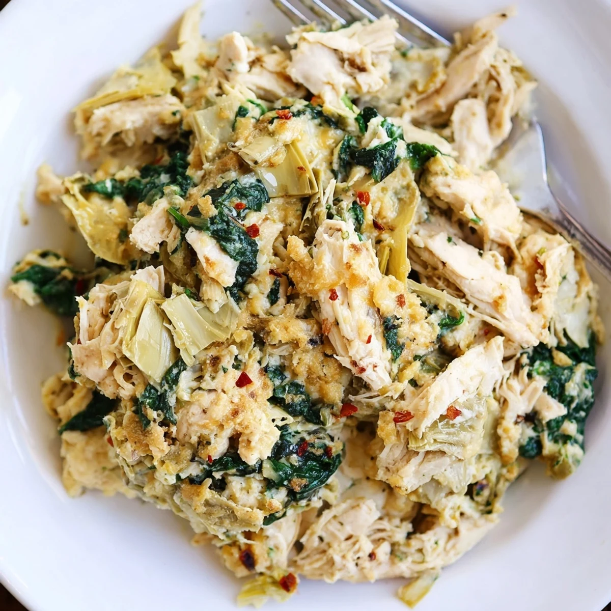 Bubbly Spinach Artichoke Chicken Casserole, golden breadcrumb topping steaming, creamy interior