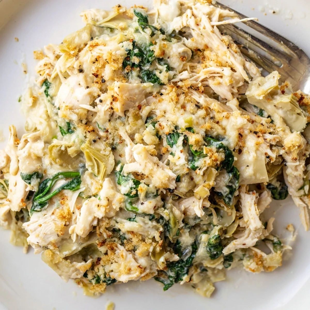 Close-up of Spinach Artichoke Chicken Casserole bubbling, tender chicken and spinach visible