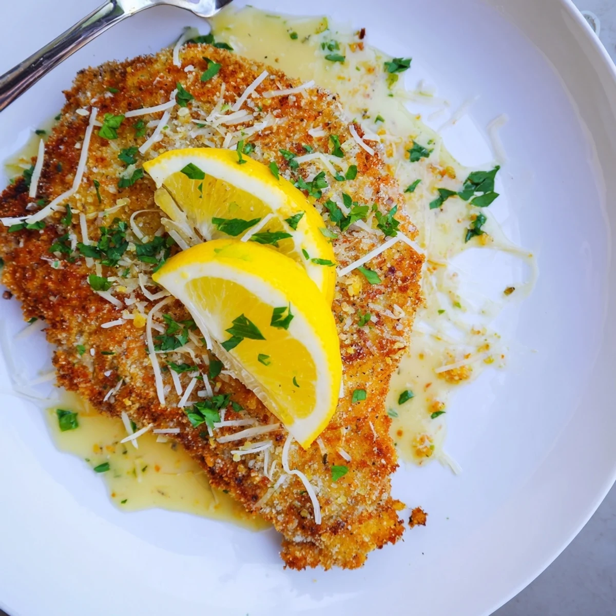 Lemon Chicken Romano sizzling golden in skillet, drizzled with glossy lemon butter sauce