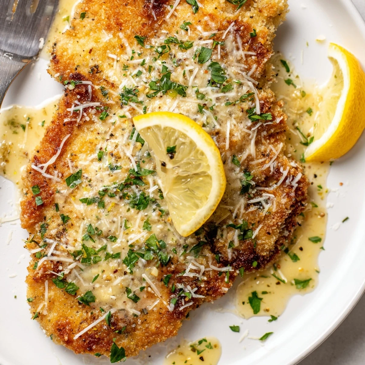 Crisp Lemon Chicken Romano served over angel hair pasta, parsley flecked, fragrant