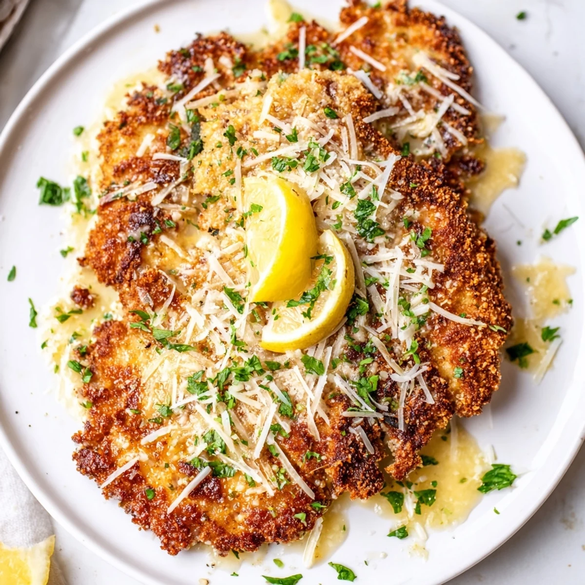 Tender Lemon Chicken Romano cutlets, cheese crusted and pan fried, bright lemon aroma