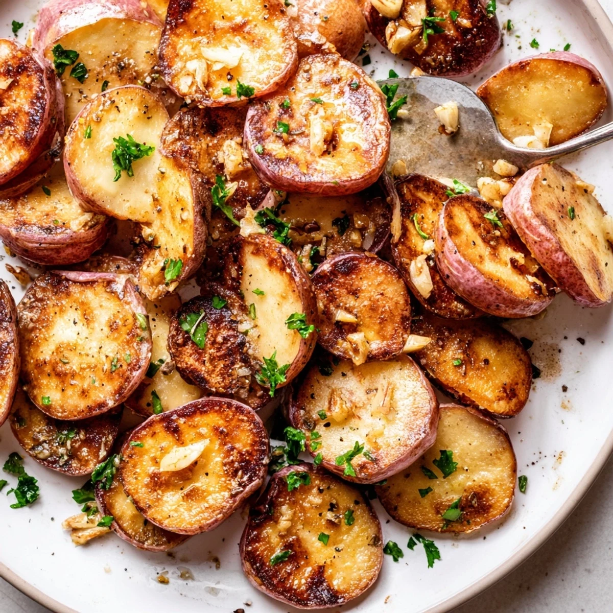 Garlic Roasted Radishes with golden edges, minced garlic aroma, parsley garnish