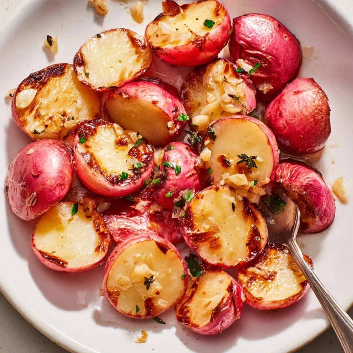 Sheet-pan Garlic Roasted Radishes glistening with olive oil, savory thyme finish
