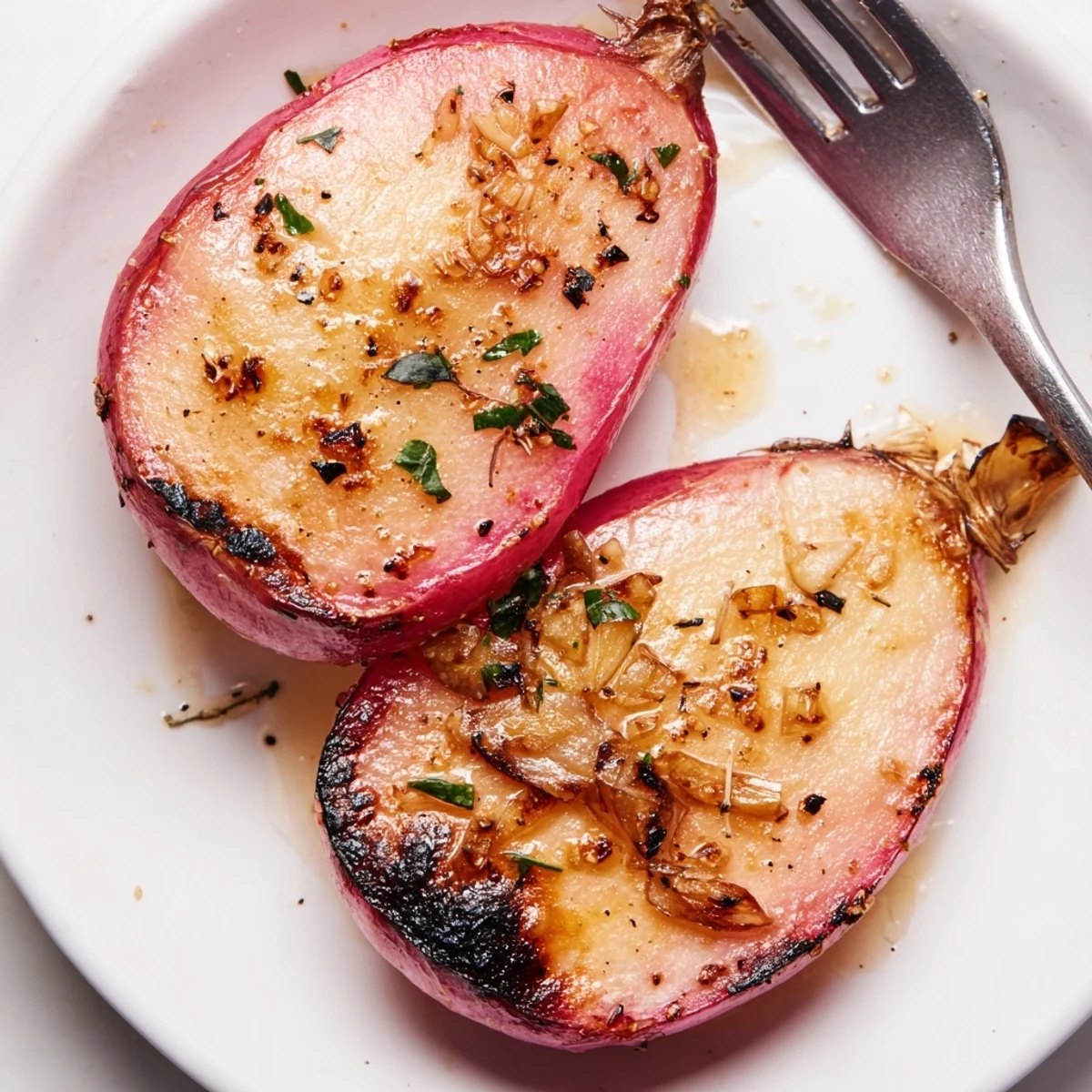 Oven-browned Garlic Roasted Radishes, crisp-tender centers and lemon squeeze suggestion