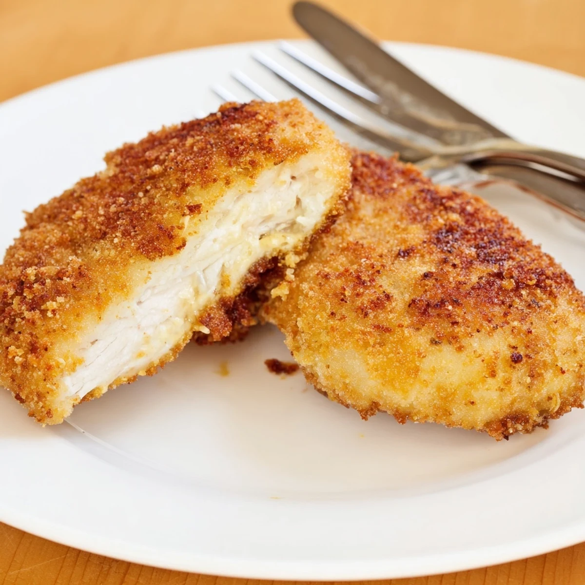 Golden, crunchy Fried Chicken Breast resting on paper towels, steam rising