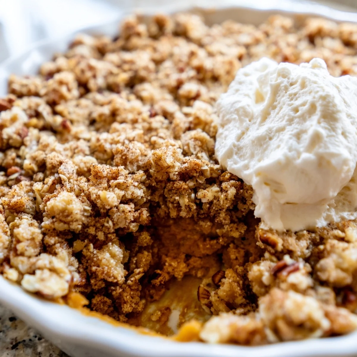 Golden pumpkin pie crisp with buttery oat pecan topping fresh from the oven