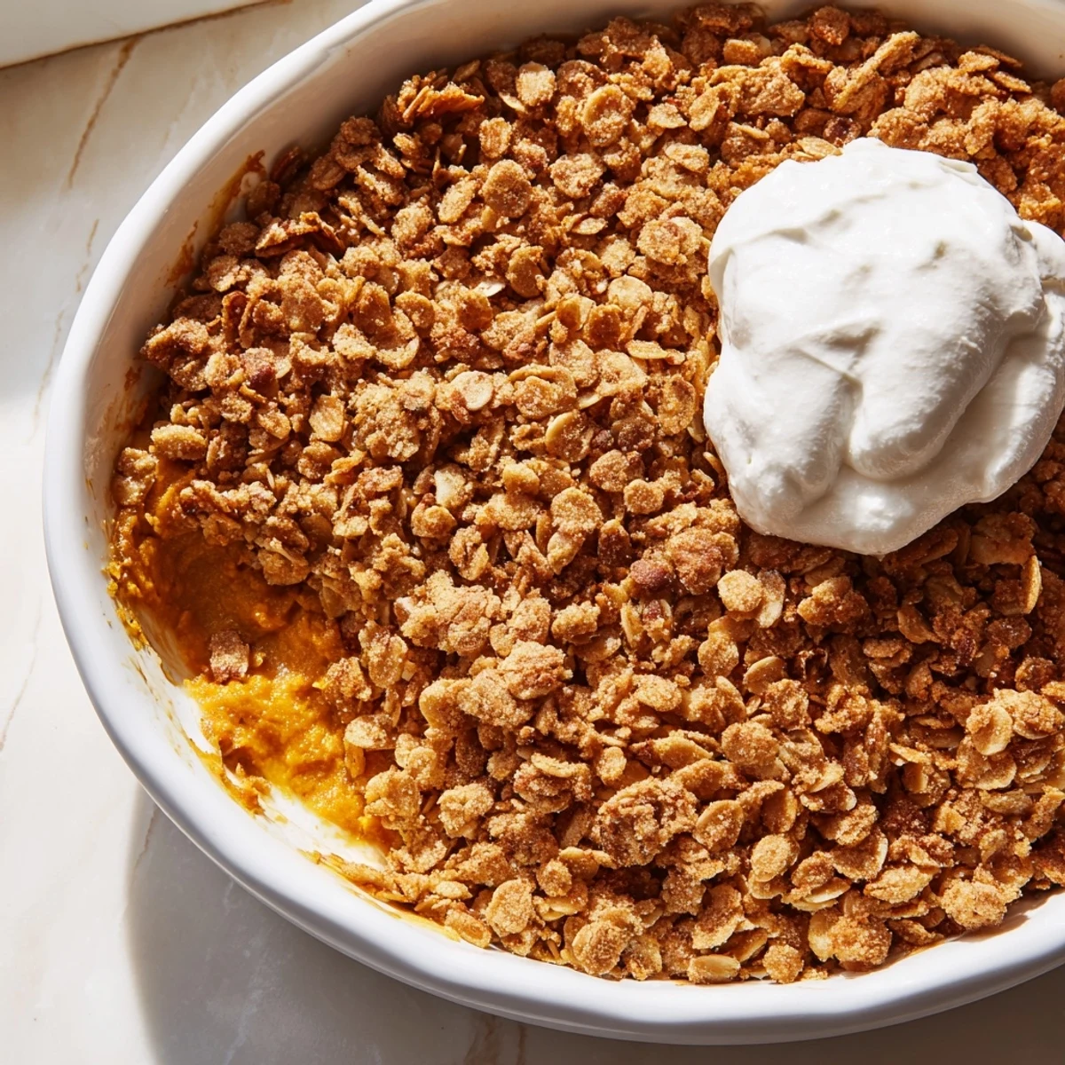 Creamy spiced pumpkin pie crisp topped with crumbly brown sugar oat streusel