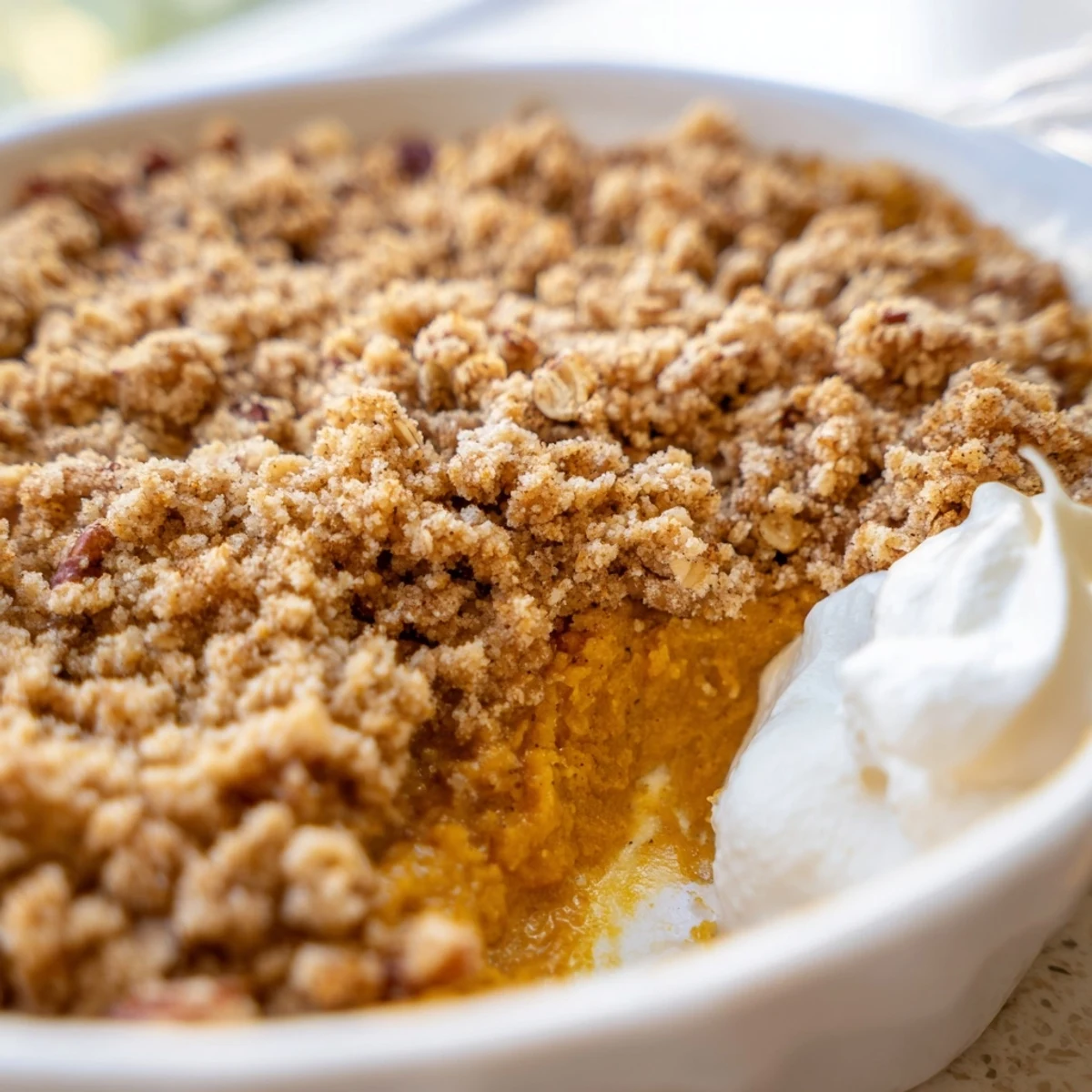Warm pumpkin pie crisp scooped into a bowl with a dollop of whipped cream
