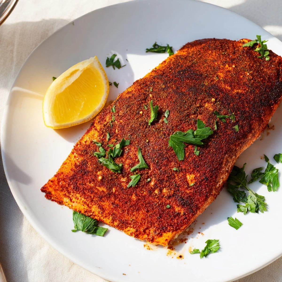 Golden oven baked Cajun salmon fillet garnished with fresh parsley and bright lemon wedges