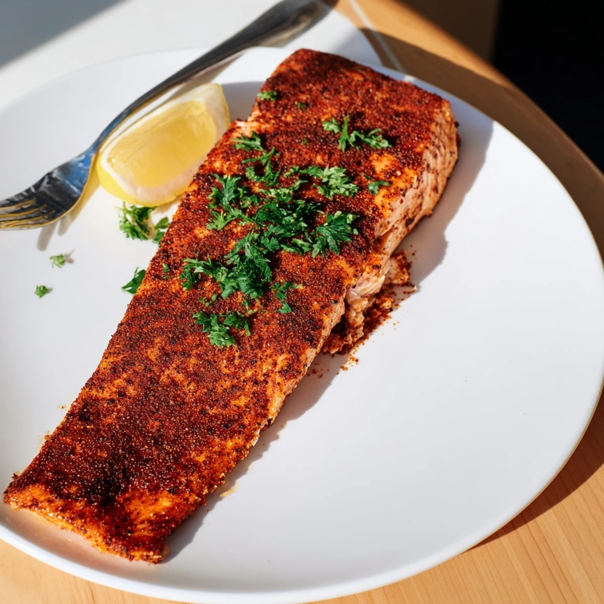 Spiced oven baked Cajun salmon resting on parchment paper, steaming and perfectly flaked