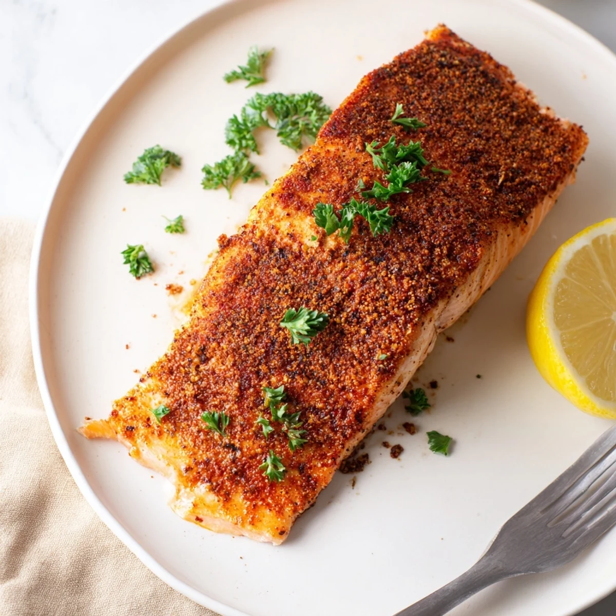 Crusty oven baked Cajun salmon plated alongside roasted potatoes with a crisp green salad