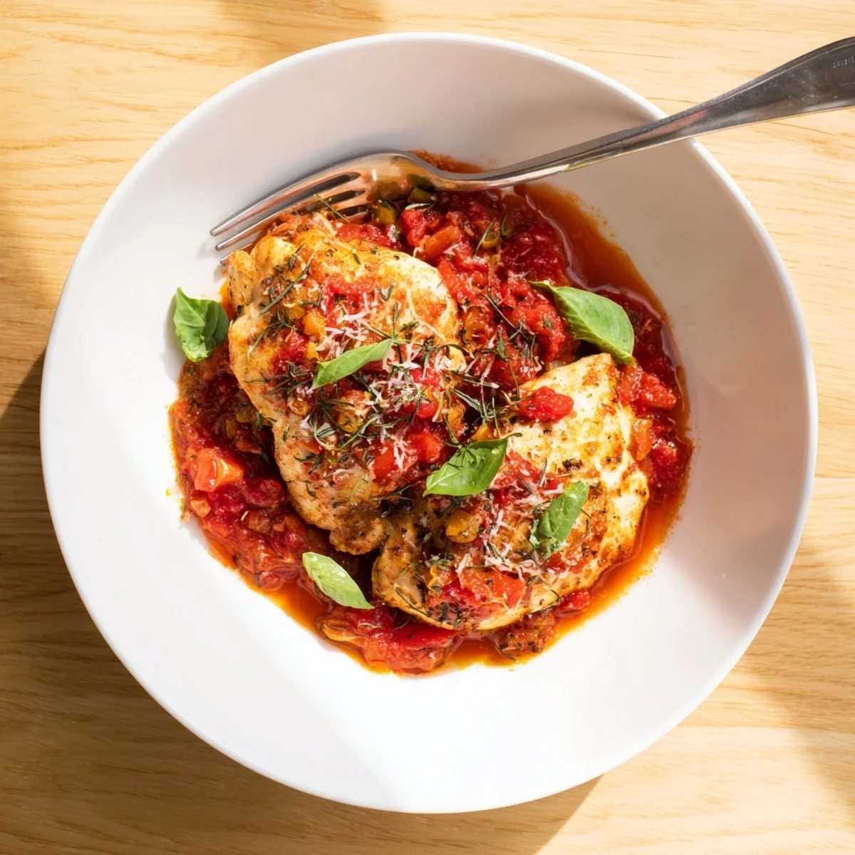 Tender golden chicken breasts nestled in a vibrant red tomato basil Pomodoro sauce