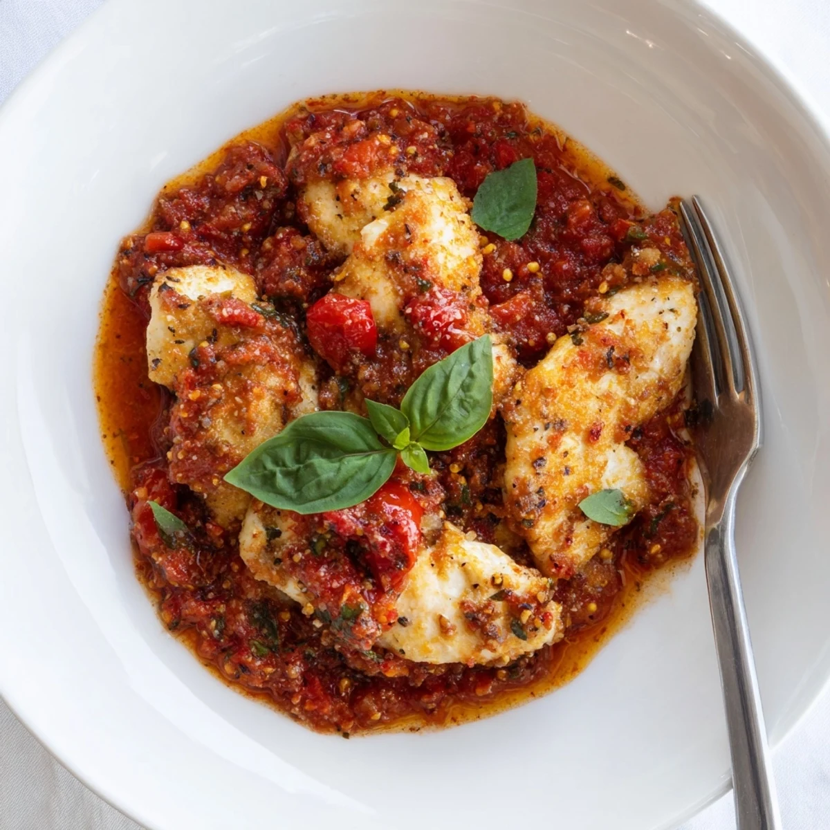 Steaming plate of Chicken Pomodoro topped with fresh basil and Parmesan shavings