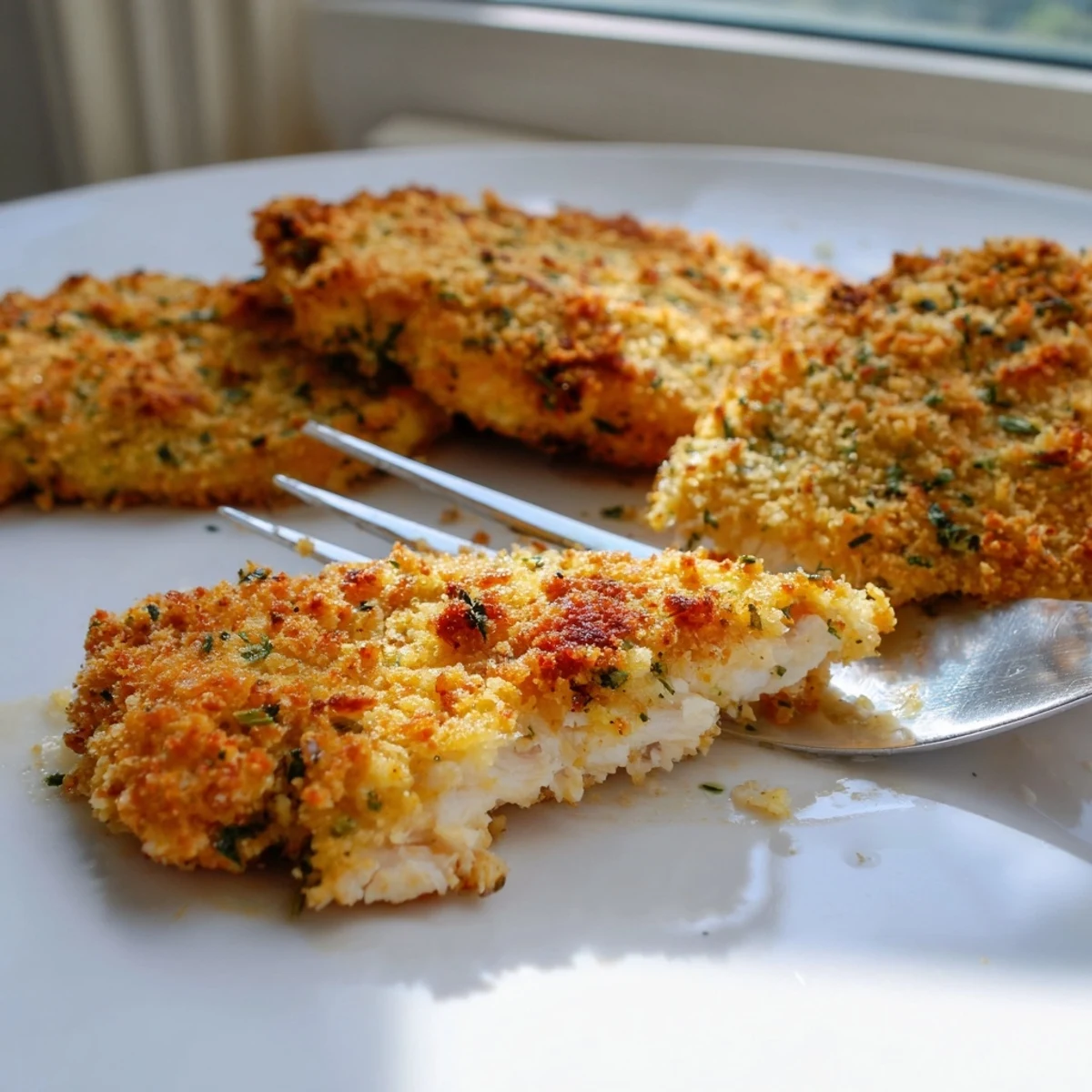 Golden baked savory herbed Parmesan chicken with crispy herb crust on a rustic plate